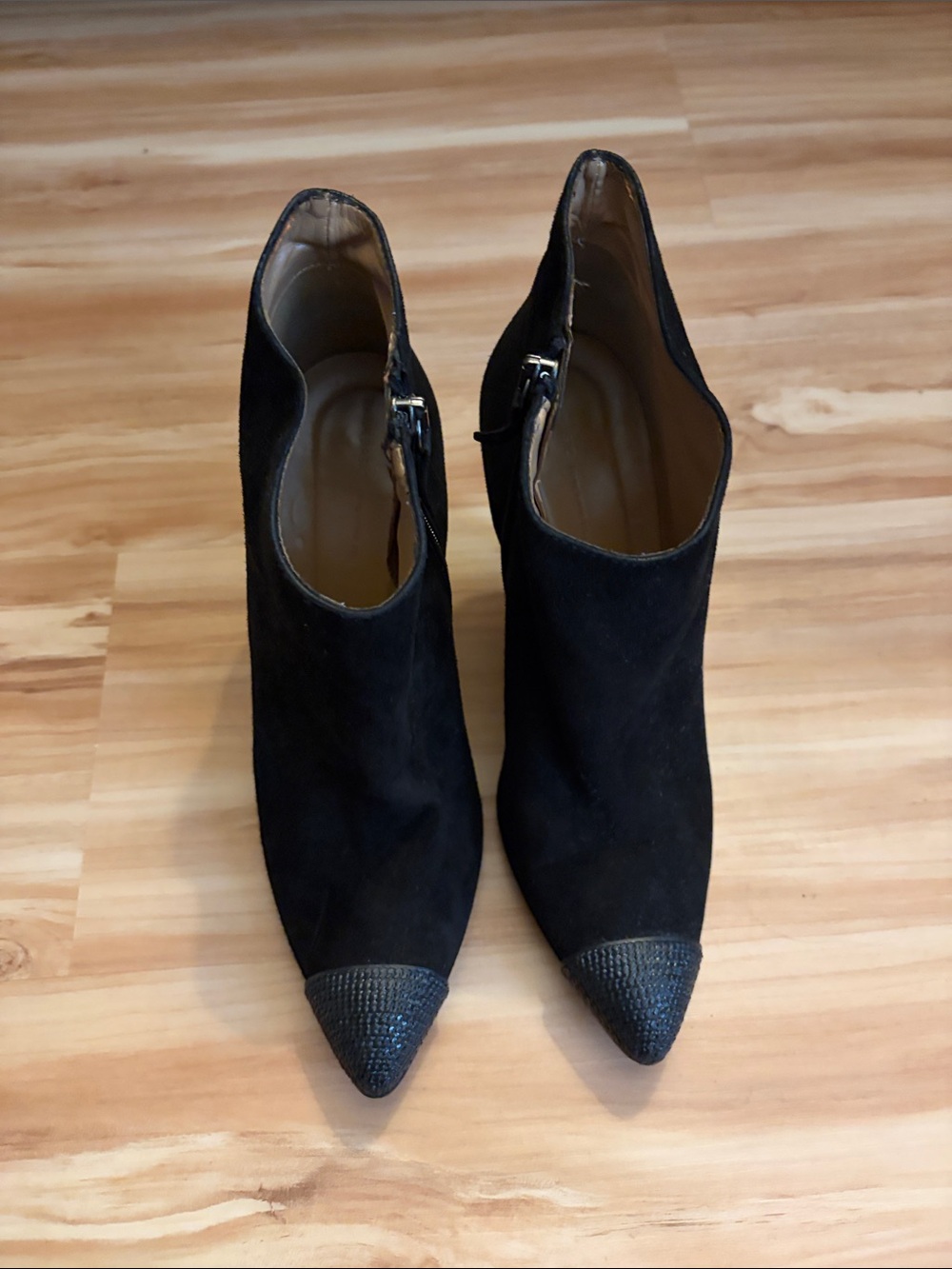 Zara Black Suede Pointed Toe Ankle Booties with Embossed Cap